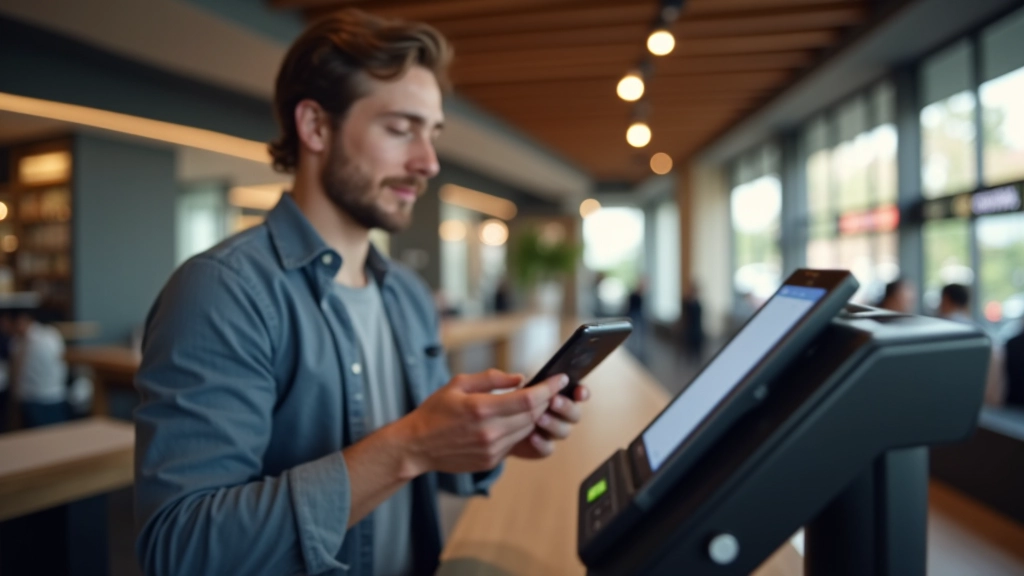 Person using smartphone to make contactless payment at modern retail point of sale, hands visible near terminal